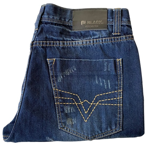 CJ Black Premium Patchwork Distressed Straight Slim Dark Wash Jeans Size 34 x 34 - Picture 3 of 14